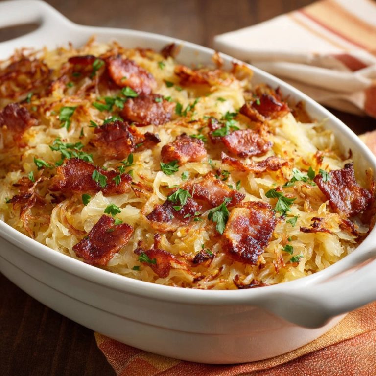Rustikaler Kartoffel-Kraut-Auflauf mit Bacon, goldbraun gebacken, aus der Draufsicht in einer Auflaufform serviert und mit frischer Petersilie garniert.