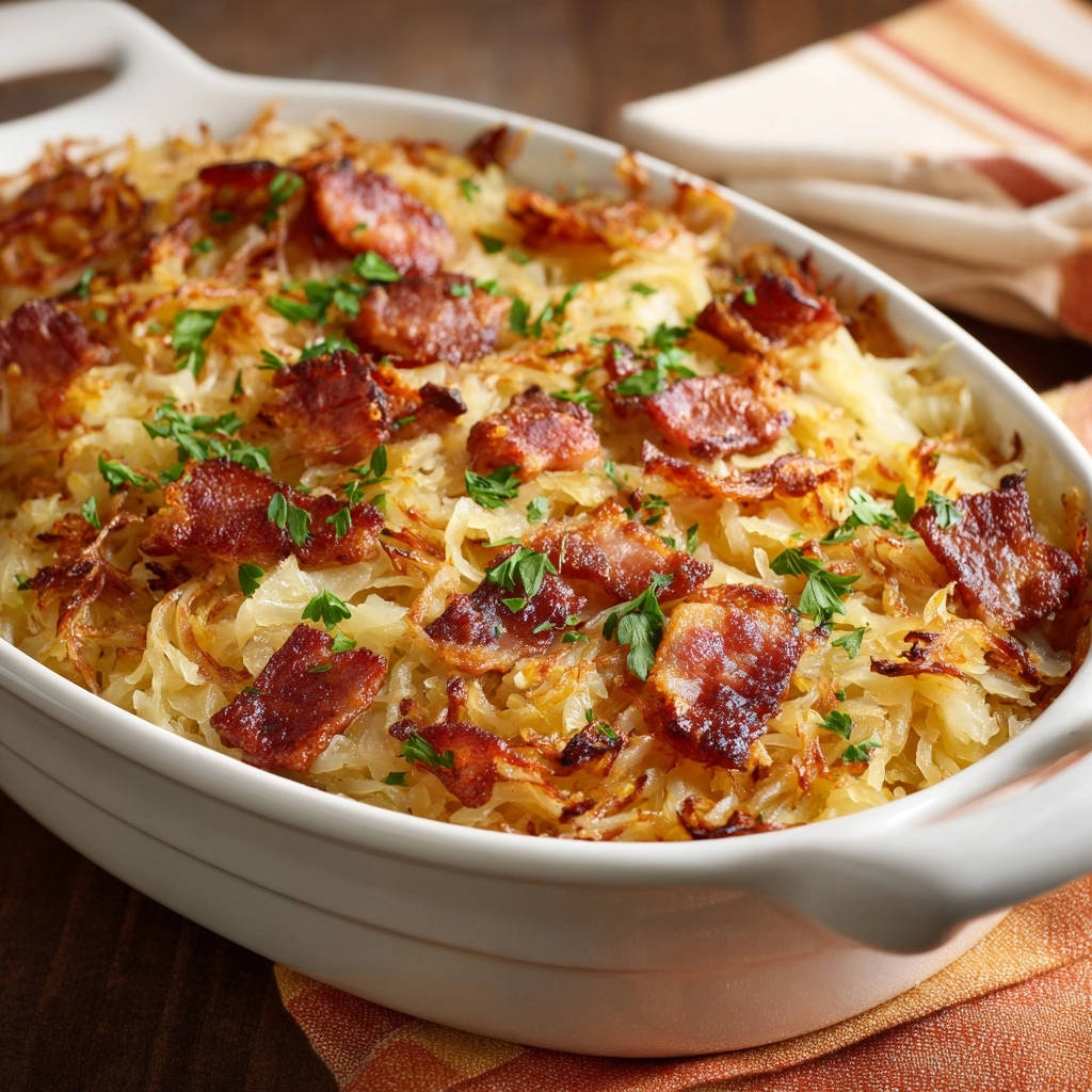 Rustikaler Kartoffel-Kraut-Auflauf mit Bacon, goldbraun gebacken, aus der Draufsicht in einer Auflaufform serviert und mit frischer Petersilie garniert.
