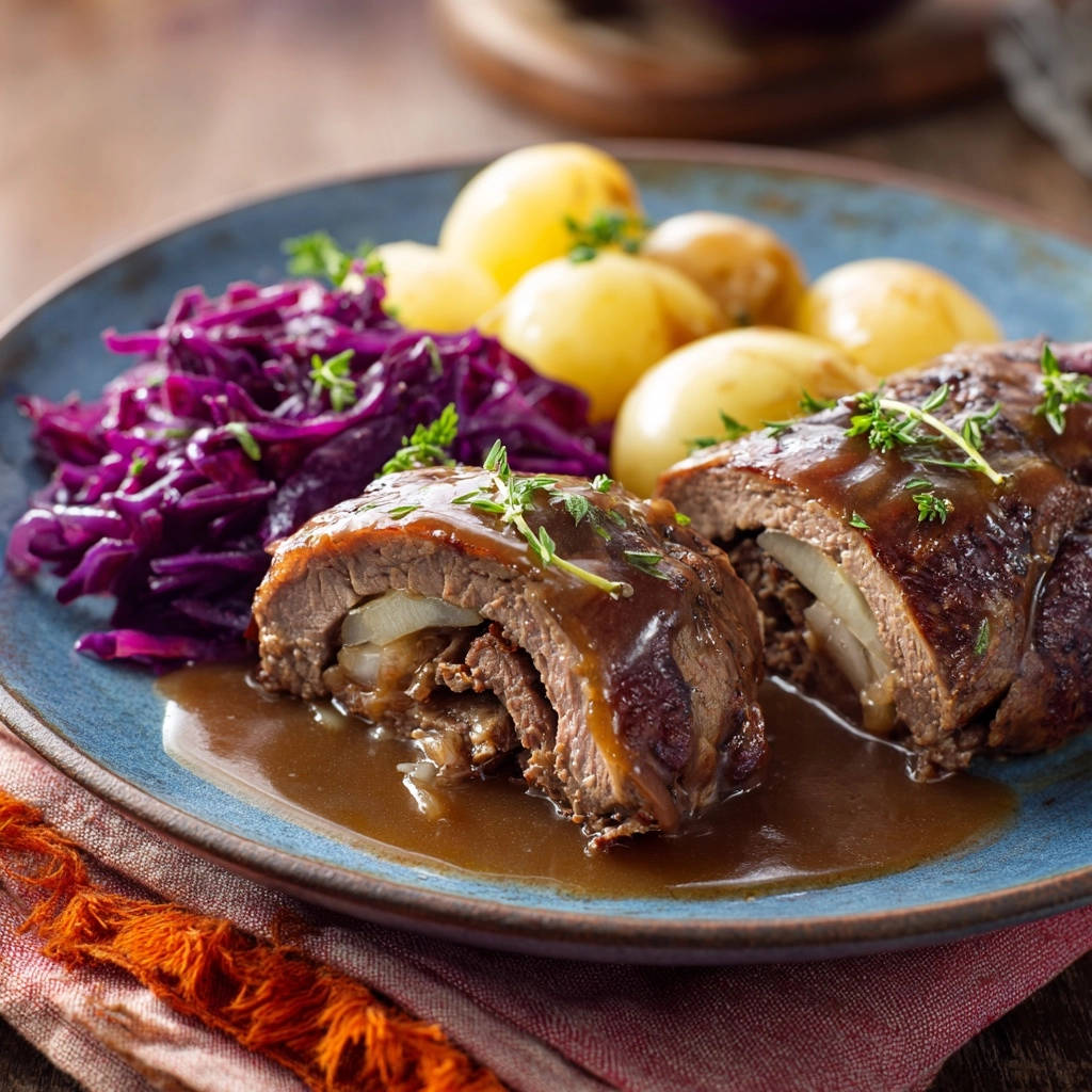 Saftig Zarte Rinderrouladen Querschnitt Serviert 1 Saftig-zarte Rinderrouladen mit Rotkohl und Salzkartoffeln, serviert mit einer Ansicht des saftigen Fleischquerschnitts, der das Innere zeigt.