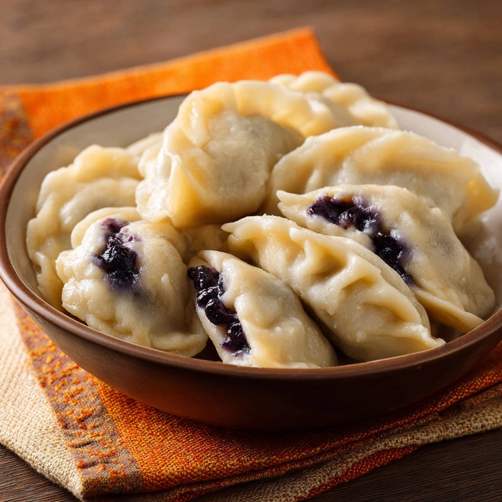 Saftige Blaubeer Varenyky Nahaufnahme Querschnitt 1 Saftige Blaubeer-Varenyky in Nahaufnahme: Einige der Teigtaschen zeigen eine köstliche Füllung aus Blaubeeren.