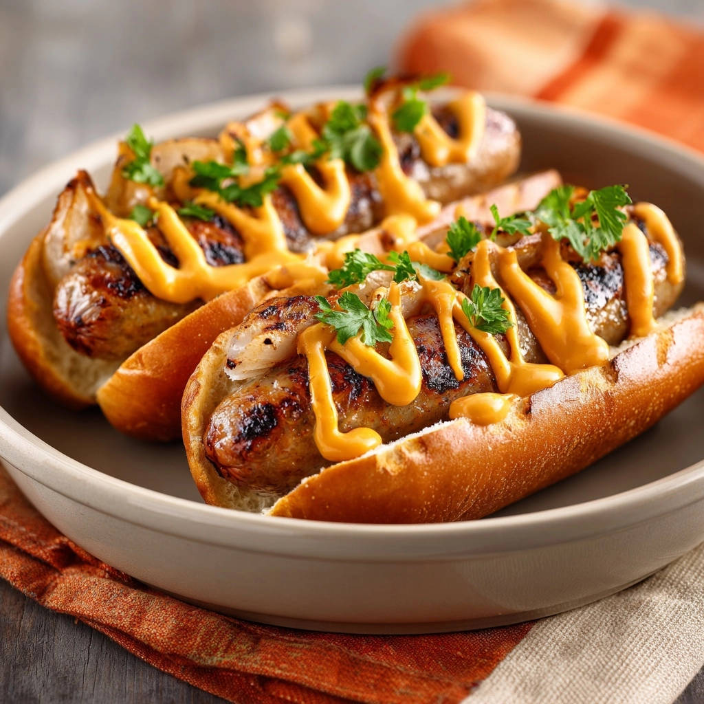 Saftige Bratwurst Buns Mit Zwiebeln Serviert 1 Saftige Bratwurst-Buns mit Zwiebeln serviert auf einem Teller, mit geschmolzener Sauce und frischer Petersilie garniert.