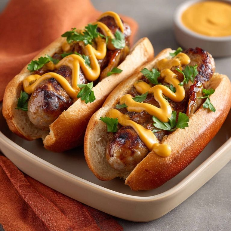 Saftige Bratwurst-Buns mit Zwiebeln serviert auf einem hellen Teller, garniert mit Senf und frischer Petersilie.