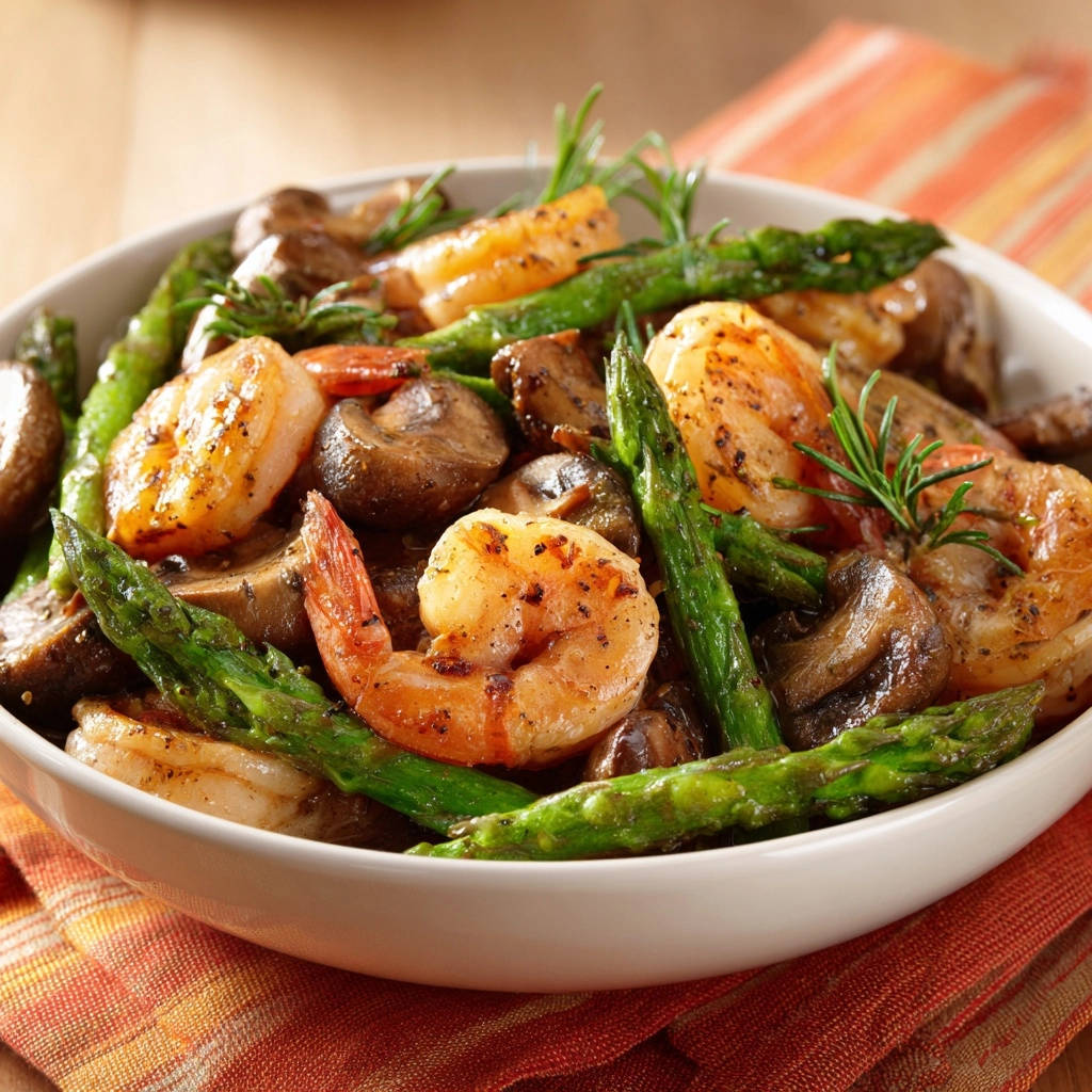 Saftige Garnelen Spargel Pfanne Mit Pilzen Nahaufnahme 1 Saftige Garnelen-Spargel-Pfanne mit Pilzen in Nahaufnahme, garniert mit frischem Rosmarin und perfekt gebratenen Garnelen.