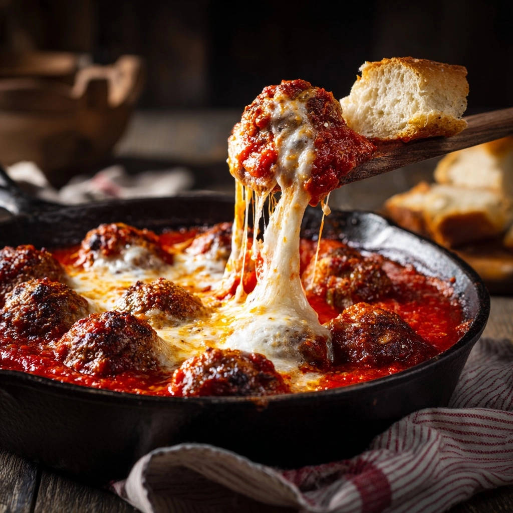 Saftige Hackbaellchen Tomatenso Geschmolzenem Kaese Herausge 1 Saftige Hackbällchen in würziger Tomatensoße mit geschmolzenem Käse, frisch aus der Pfanne gehoben, mit köstlich geschmolzenem Käse und Brot.