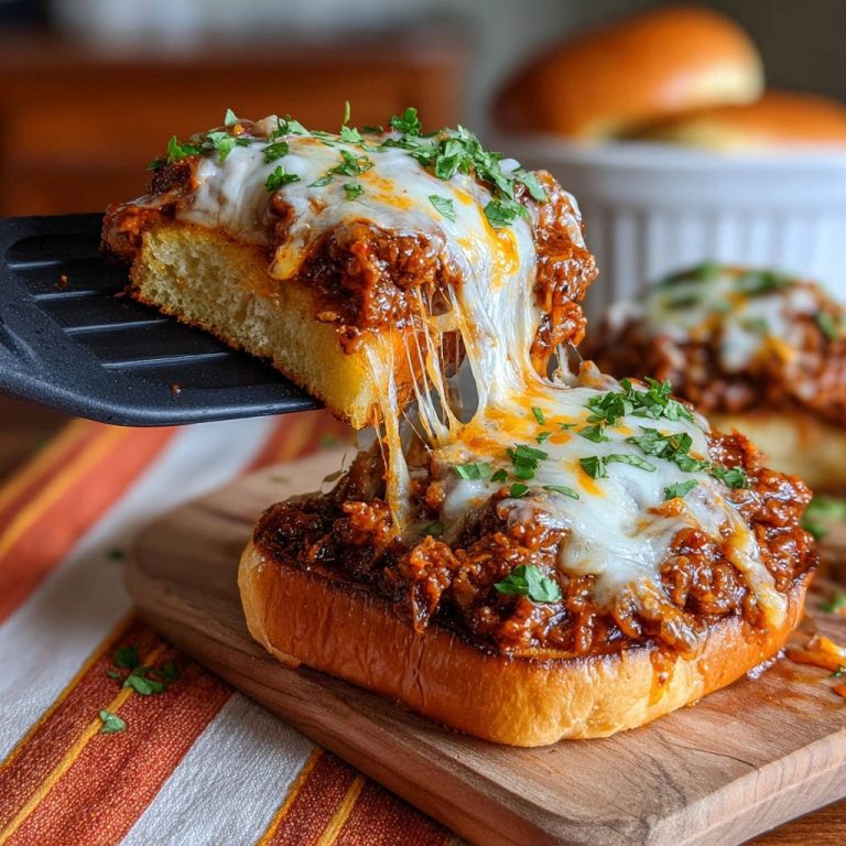 Saftige Hackfleisch-Brötchen mit Käse, mit geschmolzenem Mozzarella und einem Käsefaden, der sich vom Brötchen abhebt.
