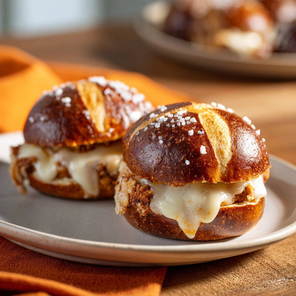 Saftige Kaese Laugen Sliders Nahaufnahme 1 Saftige Käse-Laugen-Sliders in Nahaufnahme serviert, mit geschmolzenem Käse, der aus den frischen Brötchen quillt.