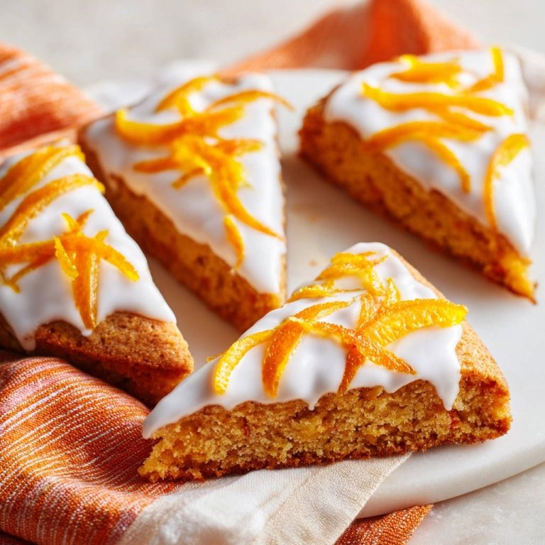 Saftige Orangen-Gebäckstücke in Nahaufnahme, garniert mit kandierten Orangenschalen auf einem weißen Zuckerguss, serviert auf einem orangefarbenen Küchentuch.