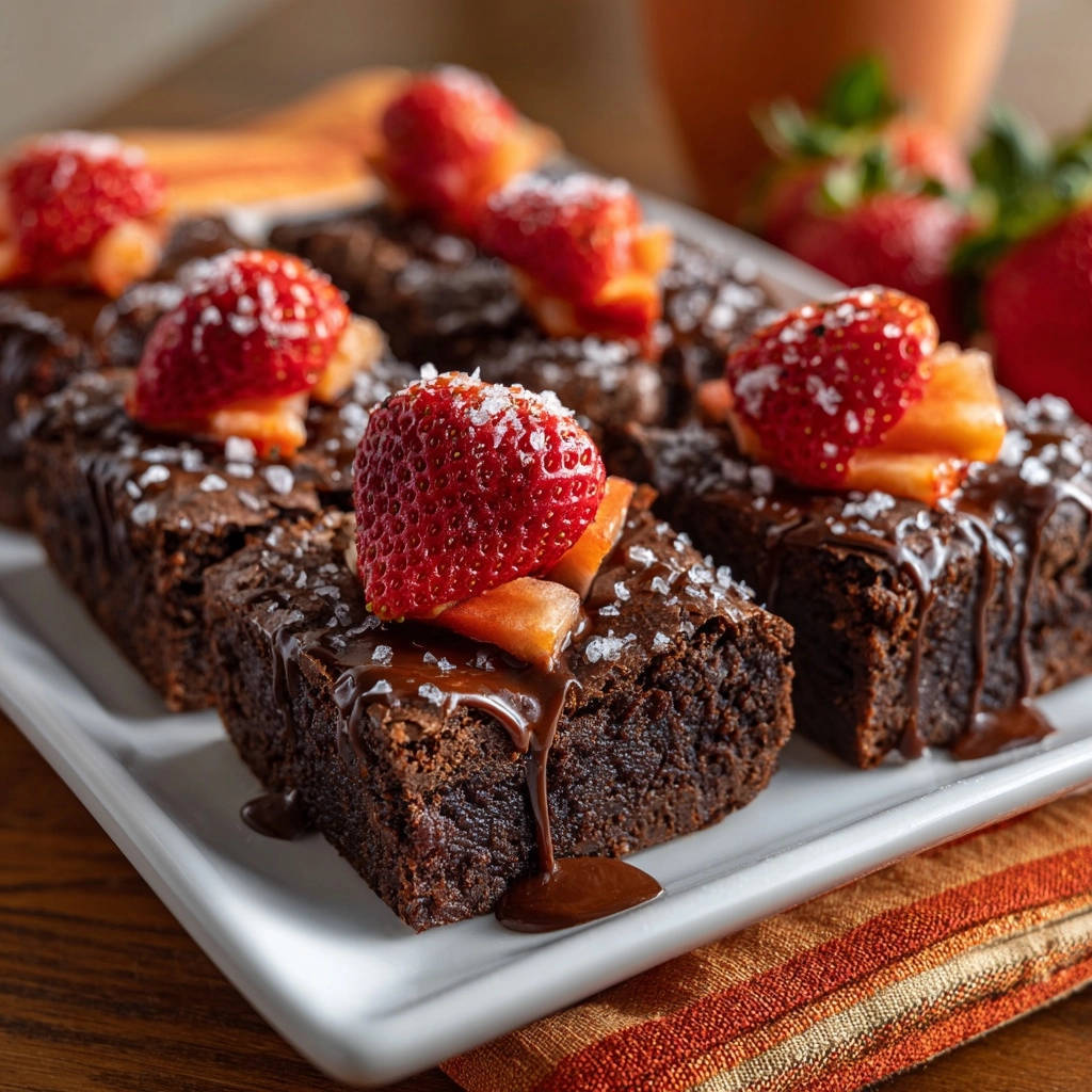 Saftige Schoko Brownies Mit Erdbeeren Nahaufnahme 1 Saftige Schoko-Brownies mit Erdbeeren, garniert mit Meersalz und Schokoladensauce, in einer Nahaufnahme auf einem weißen Teller serviert.