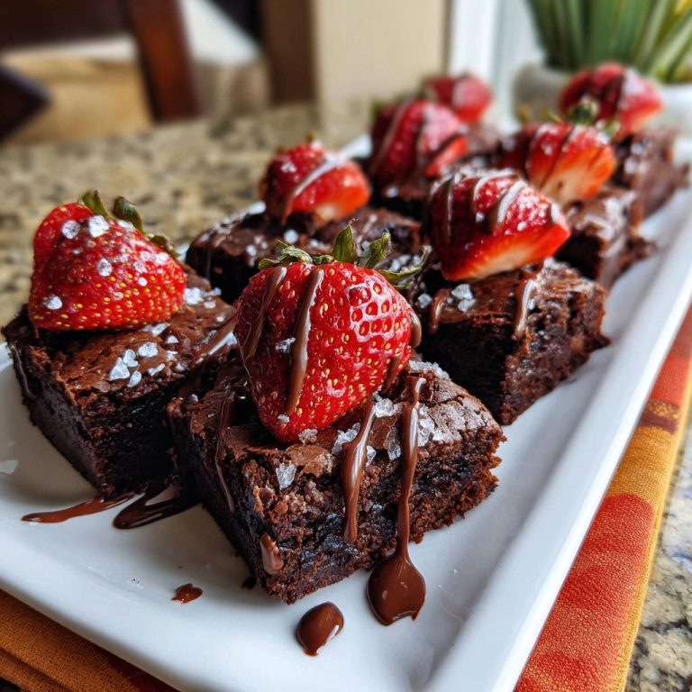 Saftige Schoko-Brownies mit Erdbeeren, serviert auf einem weißen Teller, garniert mit Schokosauce und Meersalzflocken. Ein unwiderstehlicher Genuss.