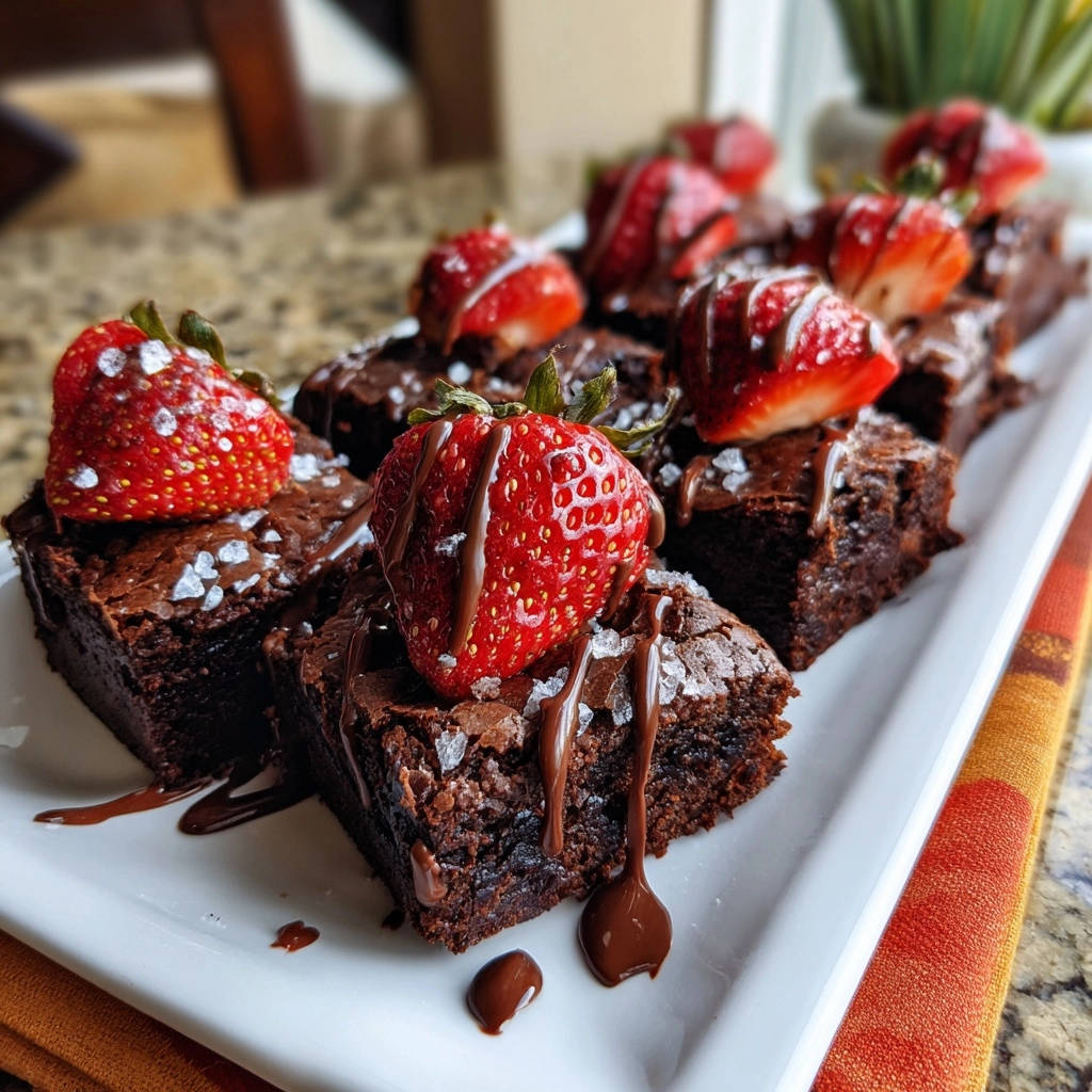 Saftige Schoko-Brownies mit Erdbeeren, serviert auf einem weißen Teller, garniert mit Schokosauce und Meersalzflocken. Ein unwiderstehlicher Genuss.