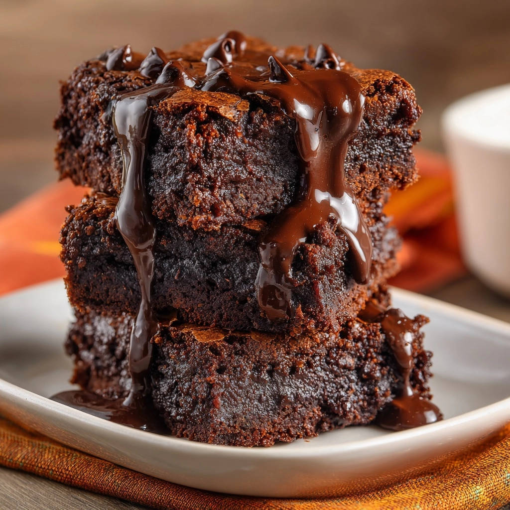 Saftige Schoko Brownies Nahaufnahme Mit Schokosauce 1 Saftige Schoko-Brownies in Nahaufnahme, übergossen mit reichlich geschmolzener Schokoladensoße, die verführerisch herunterläuft. Ein köstlicher Anblick!