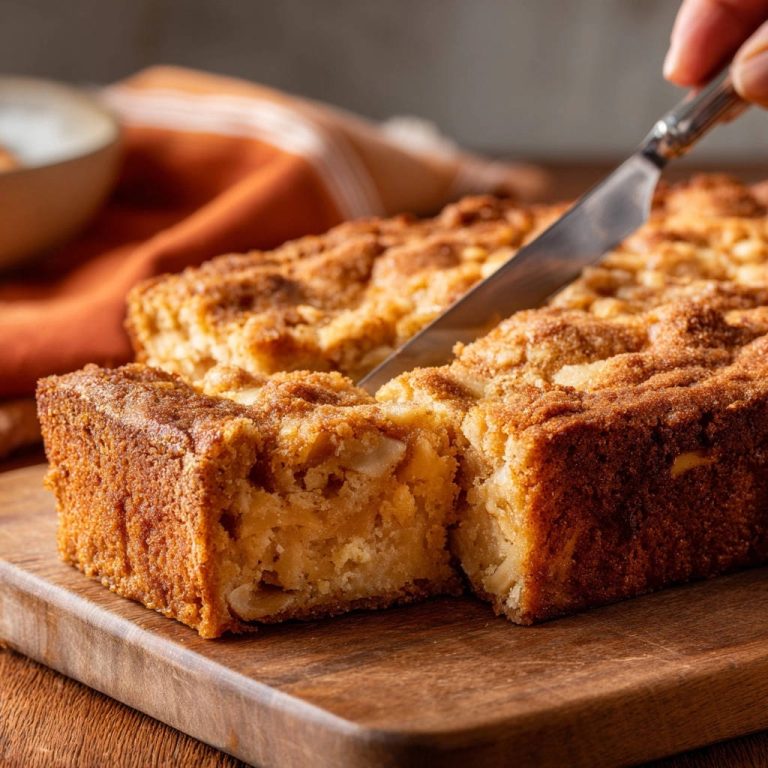Saftiger Apfel-Streuselkuchen, frisch aus dem Ofen, mit einem Messer angeschnitten, um die saftige Innenseite zu zeigen. Auf einem Holzbrett serviert.