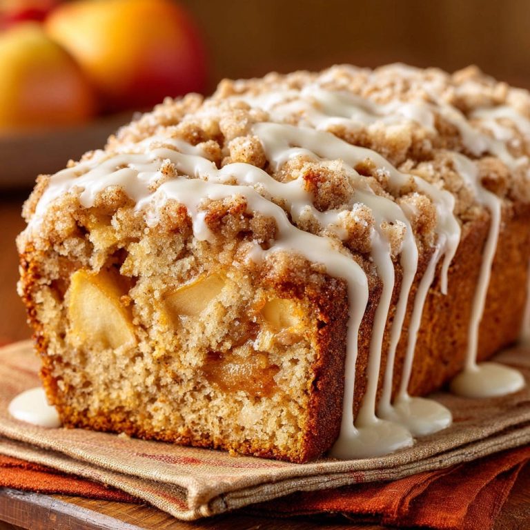 Saftiger Apfel-Streuselkuchen aus der Kastenform zeigt einen köstlichen Querschnitt mit sichtbaren Apfelstücken und Streuseln sowie einer Glasur.