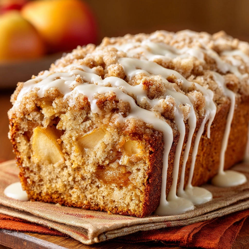 Saftiger Apfel-Streuselkuchen aus der Kastenform zeigt einen köstlichen Querschnitt mit sichtbaren Apfelstücken und Streuseln sowie einer Glasur.