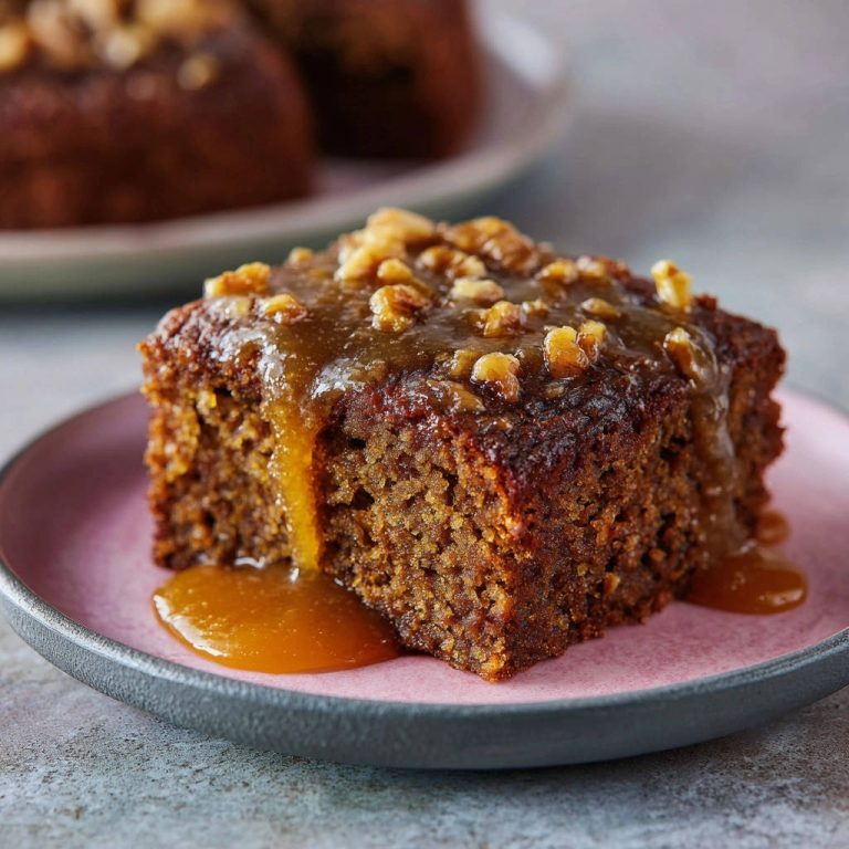Saftiger Gewürzkuchen mit Walnuss-Karamell, serviert auf einem rosafarbenen Teller, mit reichlich Karamellsauce und Walnüssen garniert.