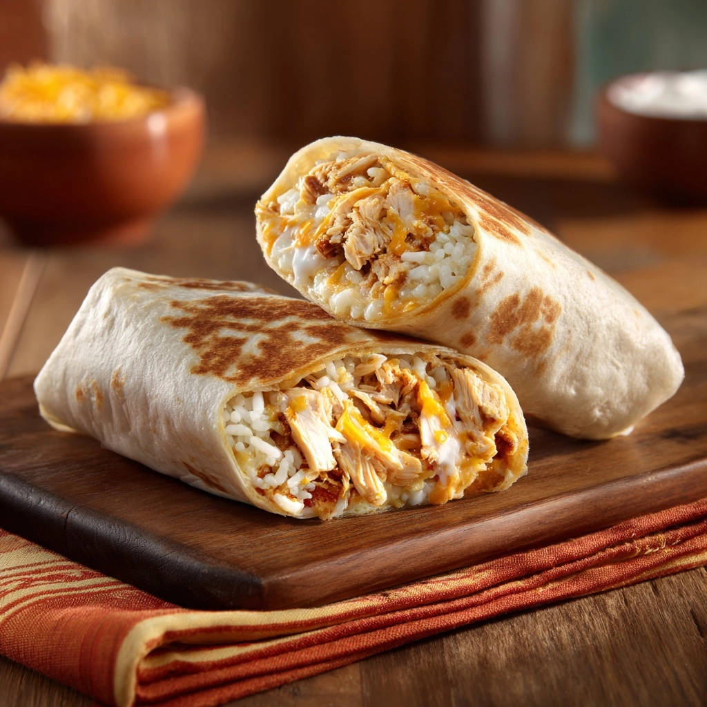 Saftiger Hahnchen Kase Burrito Querschnitt 1 Saftiger Hähnchen-Käse-Burrito: Ein Anschnitt zeigt die saftige Füllung mit Hähnchen, Käse und Reis, perfekt zubereitet und serviert.