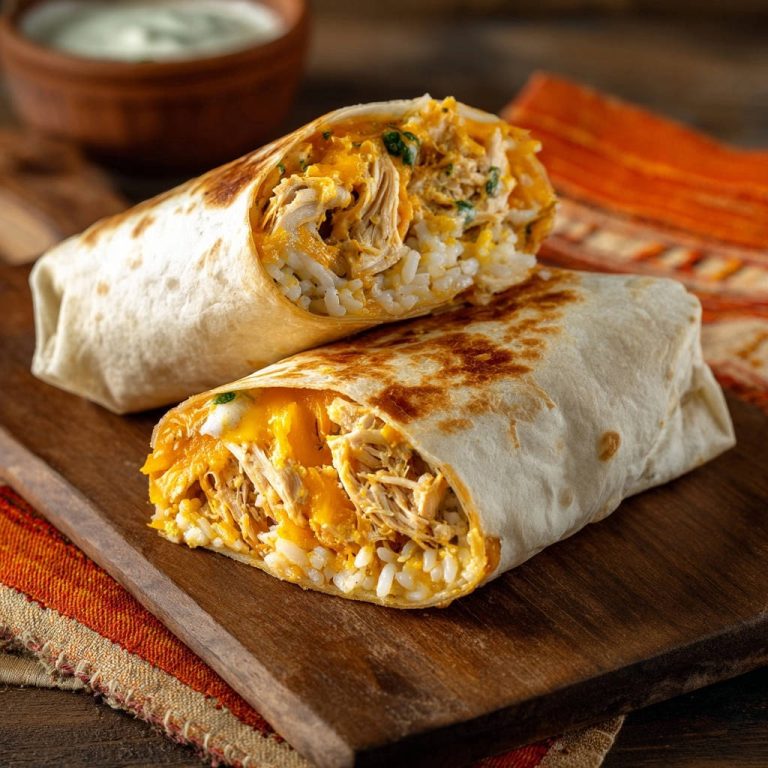 Saftiger Hähnchen-Käse-Burrito im Anschnitt, der die saftige Füllung mit Hähnchen, Käse und Reis zeigt, serviert auf einem Holzbrett.