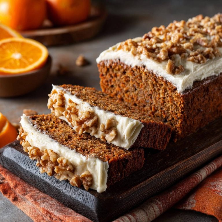 Saftiger Karottenkuchen mit Frischkäse-Frosting und Walnüssen in Nahaufnahme gezeigt, mit einer Ansicht des saftigen Innenlebens.