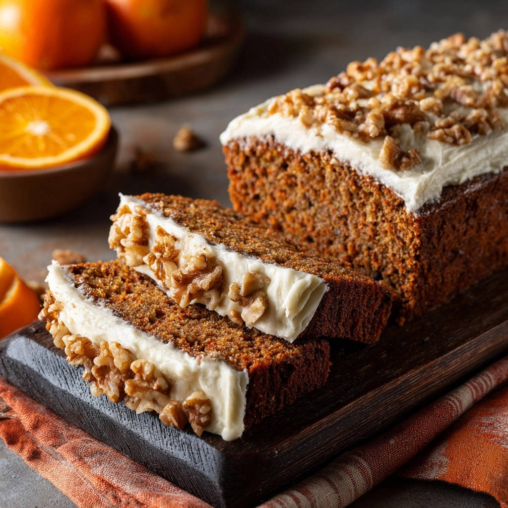 Saftiger Karottenkuchen mit Frischkäse-Frosting und Walnüssen in Nahaufnahme gezeigt, mit einer Ansicht des saftigen Innenlebens.