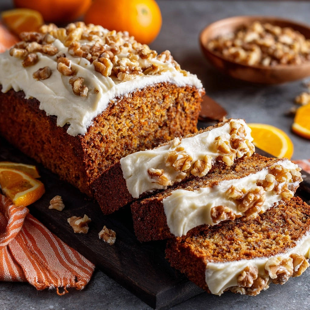Saftiger Karottenkuchen Querschnitt Walnuss Topping 1 Saftiger Karottenkuchen mit Frischkäse-Frosting und Walnüssen, angeschnitten, zeigt die saftige Textur und das Walnuss-Topping.