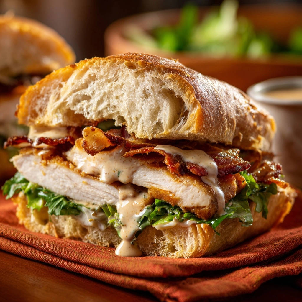 Saftiges Hahnchen Bacon Sandwich Querschnitt 1 Saftiges Hähnchen-Bacon-Sandwich in Nahaufnahme mit einem köstlichen Querschnitt, der die saftigen Zutaten offenbart. Der perfekte Genuss.