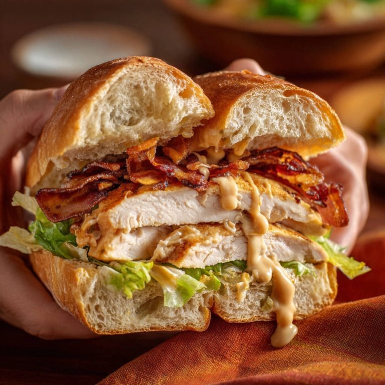 Saftiges Hähnchen-Bacon-Sandwich in Nahaufnahme: Ein verlockender Anschnitt zeigt die saftigen Hähnchenbrustscheiben, den knusprigen Bacon und die cremige Sauce.