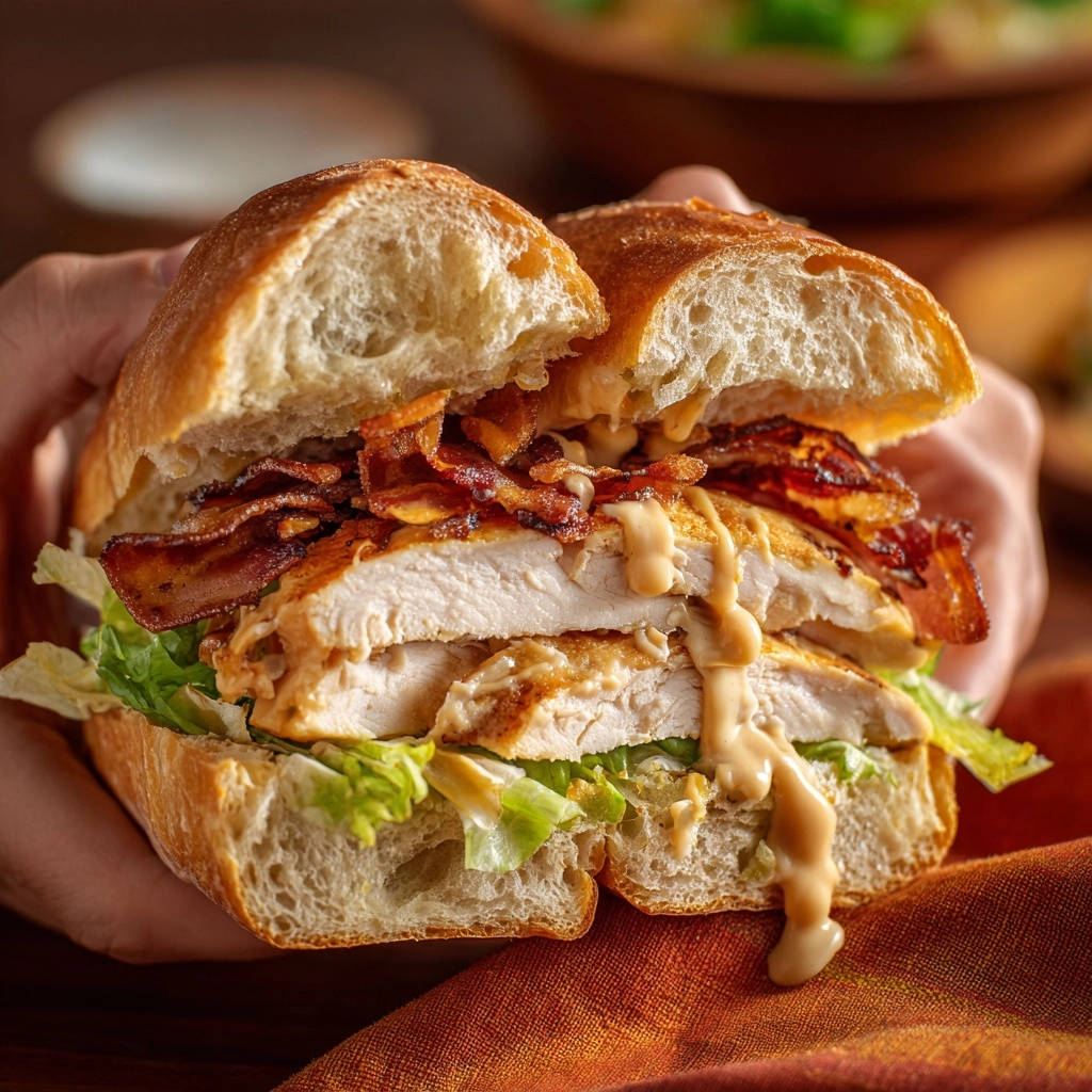 Saftiges Hähnchen-Bacon-Sandwich in Nahaufnahme: Ein verlockender Anschnitt zeigt die saftigen Hähnchenbrustscheiben, den knusprigen Bacon und die cremige Sauce.