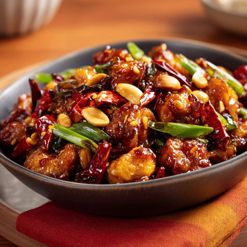 Scharfes Asia Huhnchen Mit Erdnussen Nahaufnahme 1 Scharfes Asia-Hähnchen mit Erdnüssen in Nahaufnahme, serviert in einer dunklen Schüssel. Die knusprigen Hähnchenstücke sind mit Erdnüssen und Chilischoten garniert.