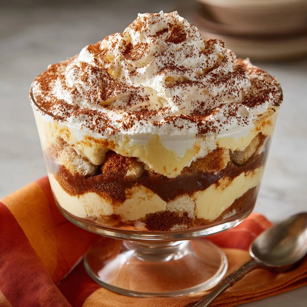 Schichtdessert Mit Schokoladenkuchen Nahaufnahme 1 Schichtdessert mit Schokoladenkuchen und Vanillecreme in einer Nahaufnahme, mit geschichteten Kuchen, Creme und Kakaopulver. Ein köstliches Dessert in einem Glas.