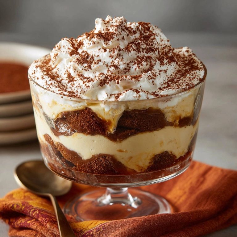 Schichtdessert mit Schokoladenkuchen und Vanillecreme zeigt einen verführerischen Querschnitt mit cremiger Vanillecreme und Schokoladenkuchen. Eine süße Köstlichkeit für Dessertliebhaber.