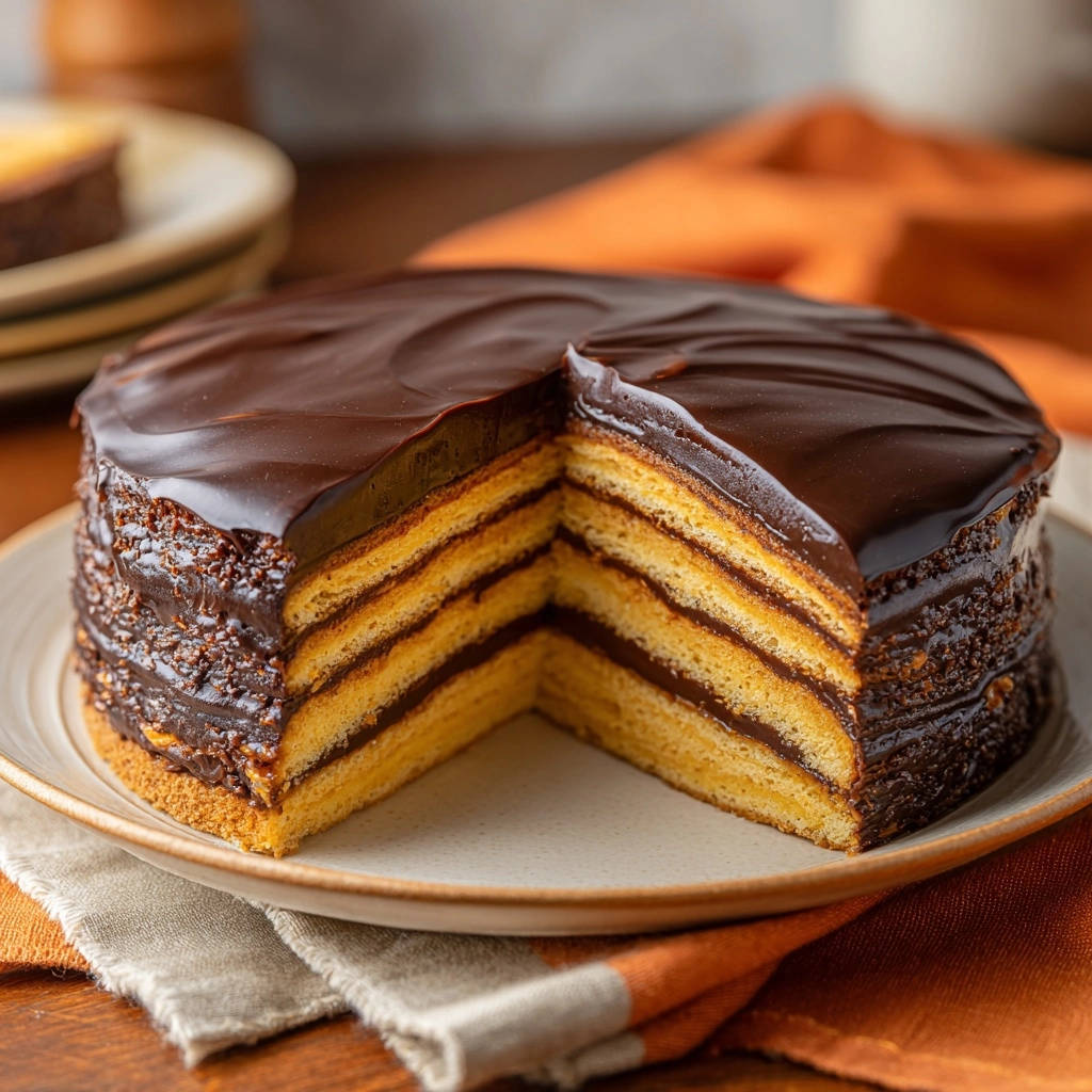 Schichtkuchen Mit Schokoladenguss Querschnitt 1 Schichtkuchen-Klassiker mit Schokoladenguss zeigt einen Anschnitt, der die saftigen Böden und die Schokoladenfüllung des Kuchens offenbart.
