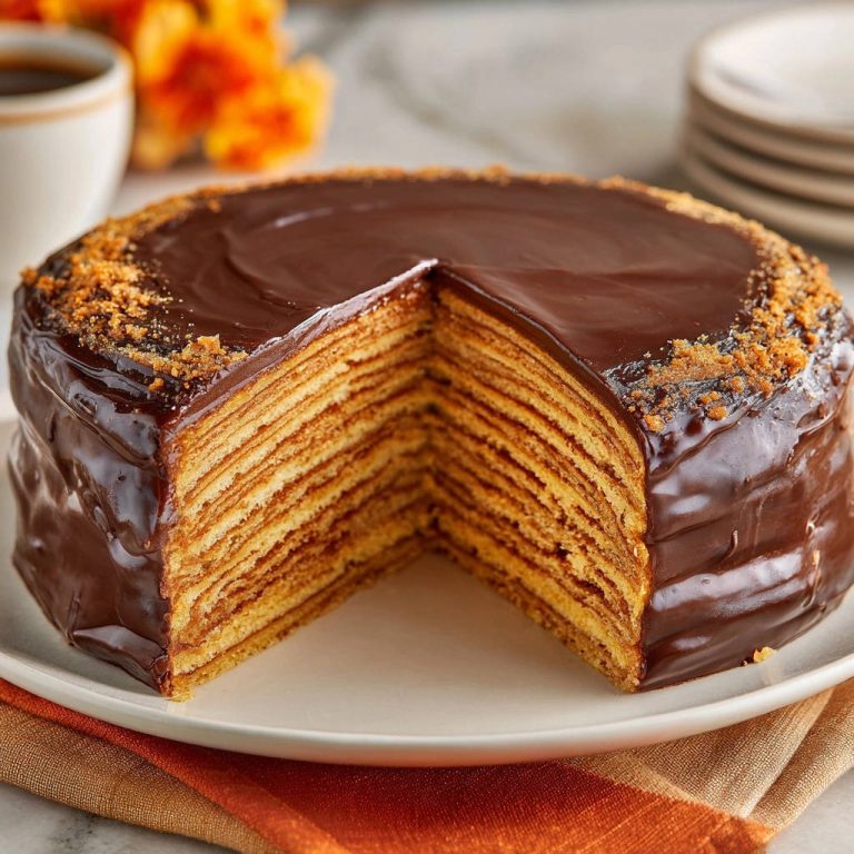 Schichtkuchen mit Schokoladenguss zeigt hier einen detaillierten Querschnitt, der die vielen Schichten dieses klassischen Kuchens offenbart.