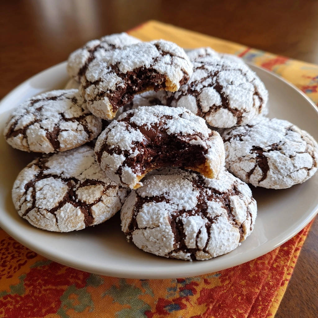 Schoko Crinkle Kekse Mit Fluessigem Kern Angeschnitten 1 Schoko-Crinkle-Kekse mit flüssigem Kern, angeschnitten, zeigen einen verführerischen, geschmolzenen Schokoladenkern. Diese Kekse sind ein wahrer Genuss für alle Schokoladenliebhaber.