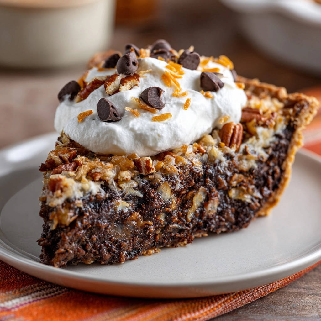 Schokoladen Pekan Kokos Torte Querschnitt Serviert 1 Schokoladen-Pekan-Kokos-Torte in Nahaufnahme, serviert auf einem Teller, zeigt einen köstlichen Querschnitt mit cremiger Sahne und Schokoladenstückchen.