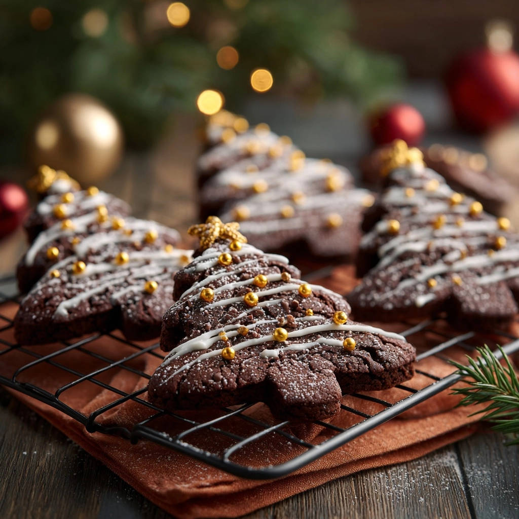 Schokoladen Weihnachtsbaume Auf Kuehlrost 1 Schokoladen-Weihnachtsbäume auf einem Kühlrost, dekoriert mit Zuckerguss und goldenen Kugeln, bereit zum Abkühlen und Vernaschen.