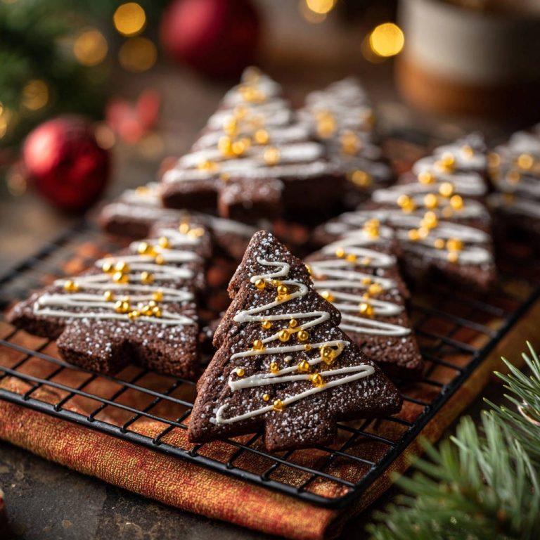 Schokoladen-Weihnachtsbäume auf einem Kühlrost, dekoriert mit Zuckerguss und goldenen Zuckerperlen, bereit zum Genießen.