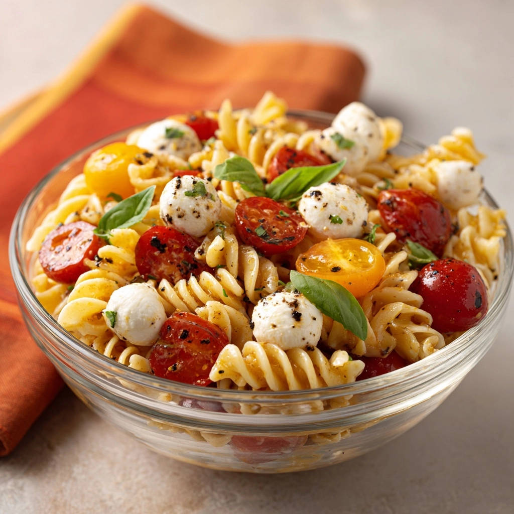 Sommerlicher Caprese Nudelsalat Nahaufnahme 1 Sommerlicher Caprese-Nudelsalat in einer Nahaufnahme, die die frischen Tomaten, Mozzarella-Kugeln und Fusilli-Nudeln zeigt.