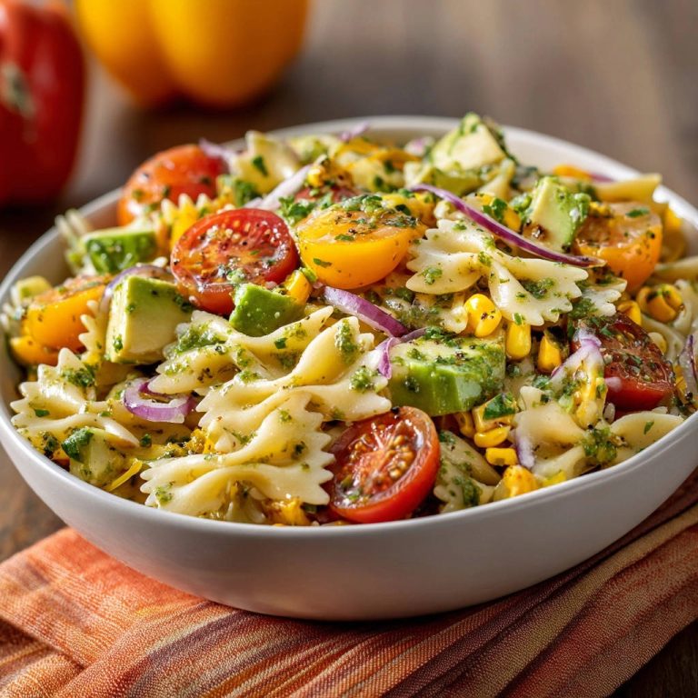 Sommerlicher Farfalle-Salat mit Avocado und Pesto in einer Schüssel, von oben gesehen. Frische Tomaten, Avocado und Mais sind mit Pesto vermischt.