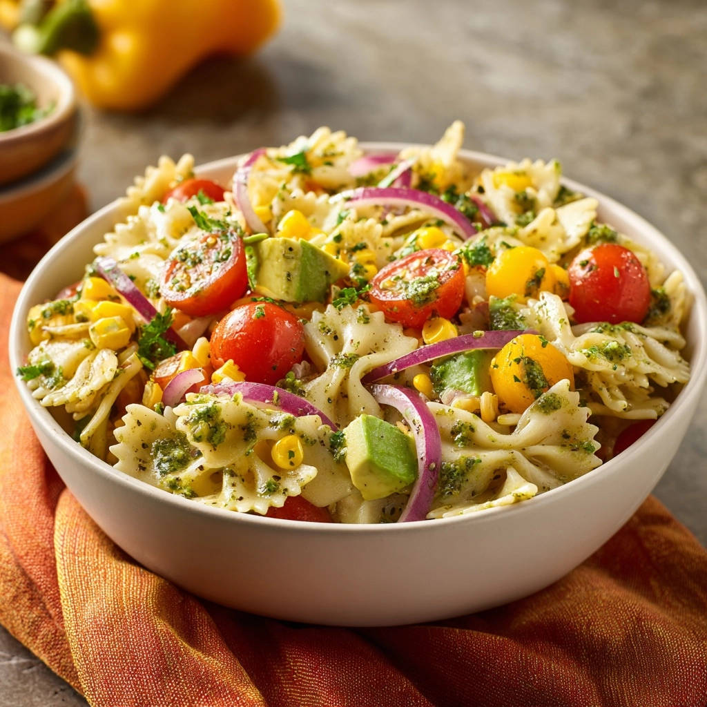 Sommerlicher Farfalle Salat Mit Avocado Pesto Serviert 1 Sommerlicher Farfalle-Salat mit Avocado und Pesto, serviert in einer weißen Schüssel, präsentiert eine köstliche Mischung aus Zutaten.