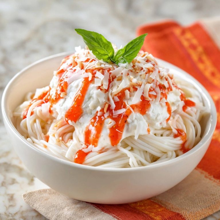 Süße Kokos-Basilikum-Nudeln mit Erdbeersauce, serviert in einer weißen Schüssel, mit frischer Erdbeersauce und Kokosflocken garniert.