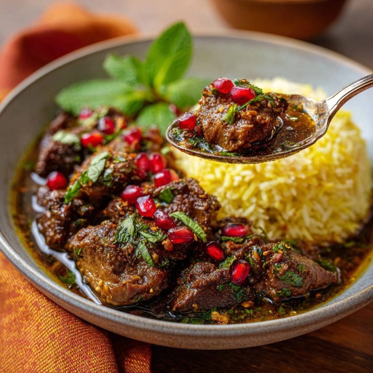 Würziger Schmortopf mit Granatapfel, serviert auf einem Löffel, zeigt die saftige Fleischzubereitung mit Safranreis. Ein köstliches Gericht, garniert mit frischen Granatapfelkernen.