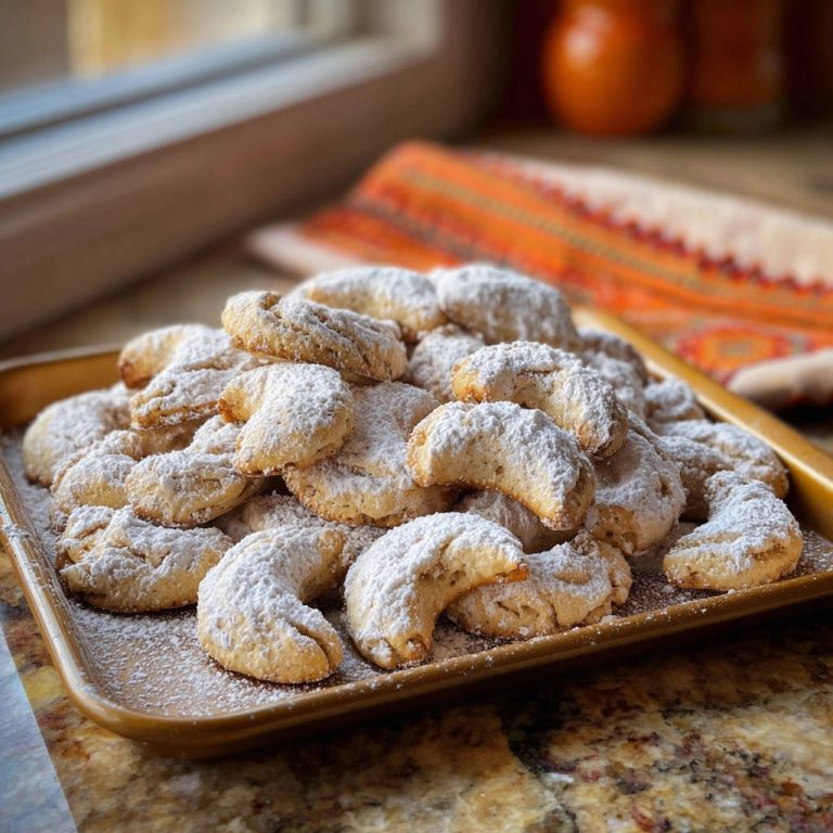 Zarte Vanillekipferl auf einem Tablett serviert, bedeckt mit Puderzucker. Diese köstlichen, halbmondförmigen Kekse sind perfekt für die Weihnachtszeit.