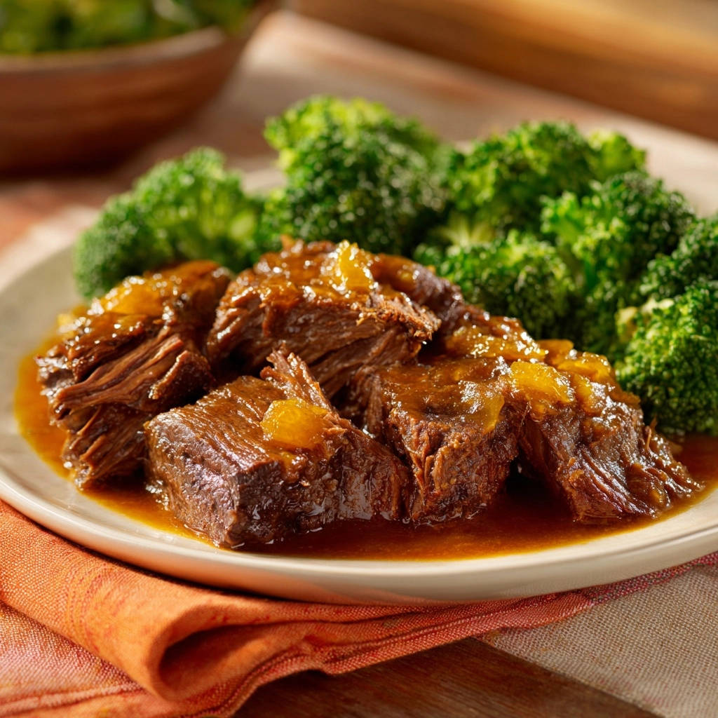 Zarter Rinderbraten Mit Aprikosensauce Serviert 1 Zarter Rinderbraten mit fruchtiger Aprikosensauce wird auf einem Teller serviert, mit Brokkoli als Beilage. Der Braten ist mit Sauce bedeckt.