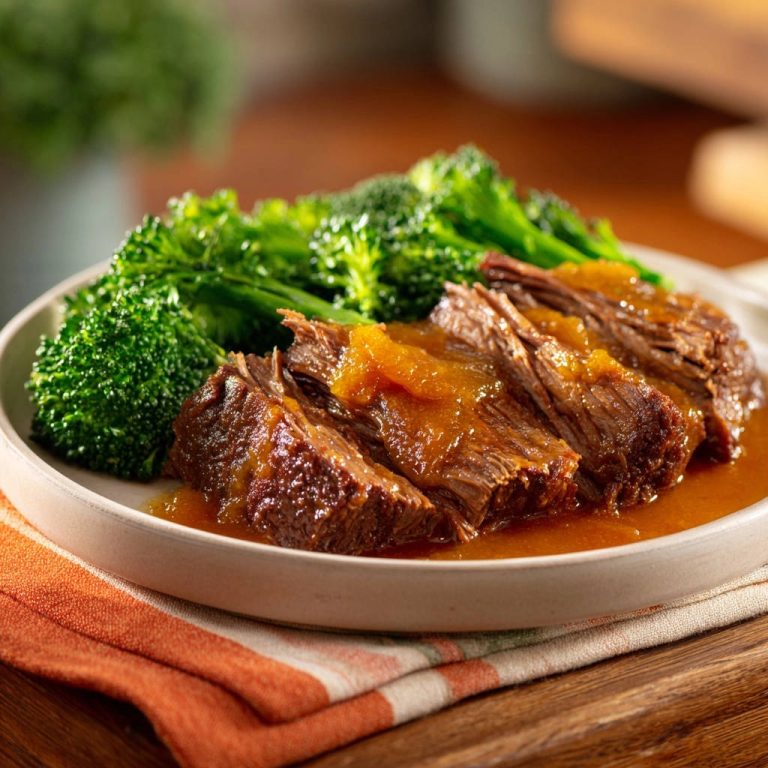 Zarter Rinderbraten mit fruchtiger Aprikosensauce serviert auf einem Teller neben gedünstetem Brokkoli, appetitlich angerichtet.