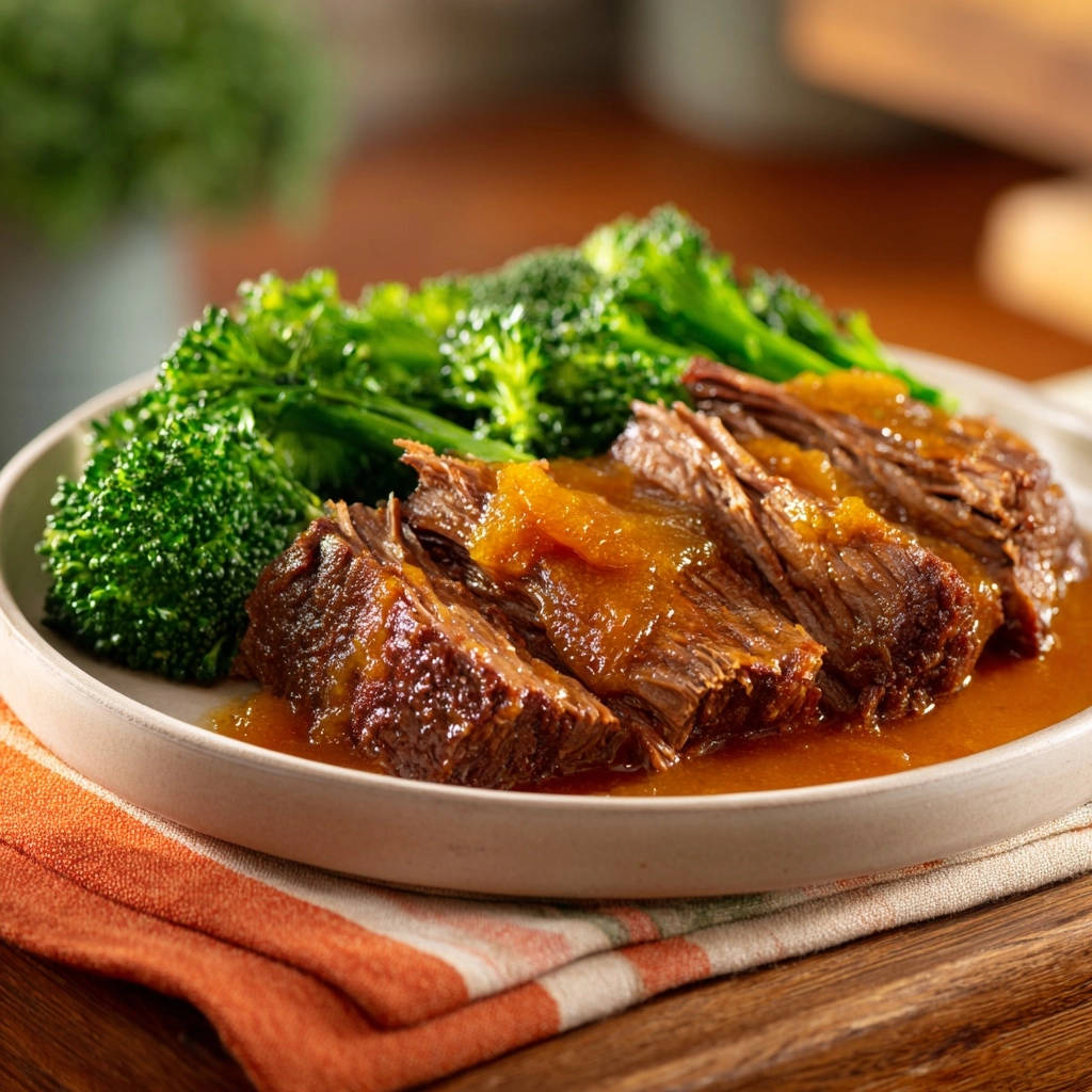 Zarter Rinderbraten mit fruchtiger Aprikosensauce serviert auf einem Teller neben gedünstetem Brokkoli, appetitlich angerichtet.