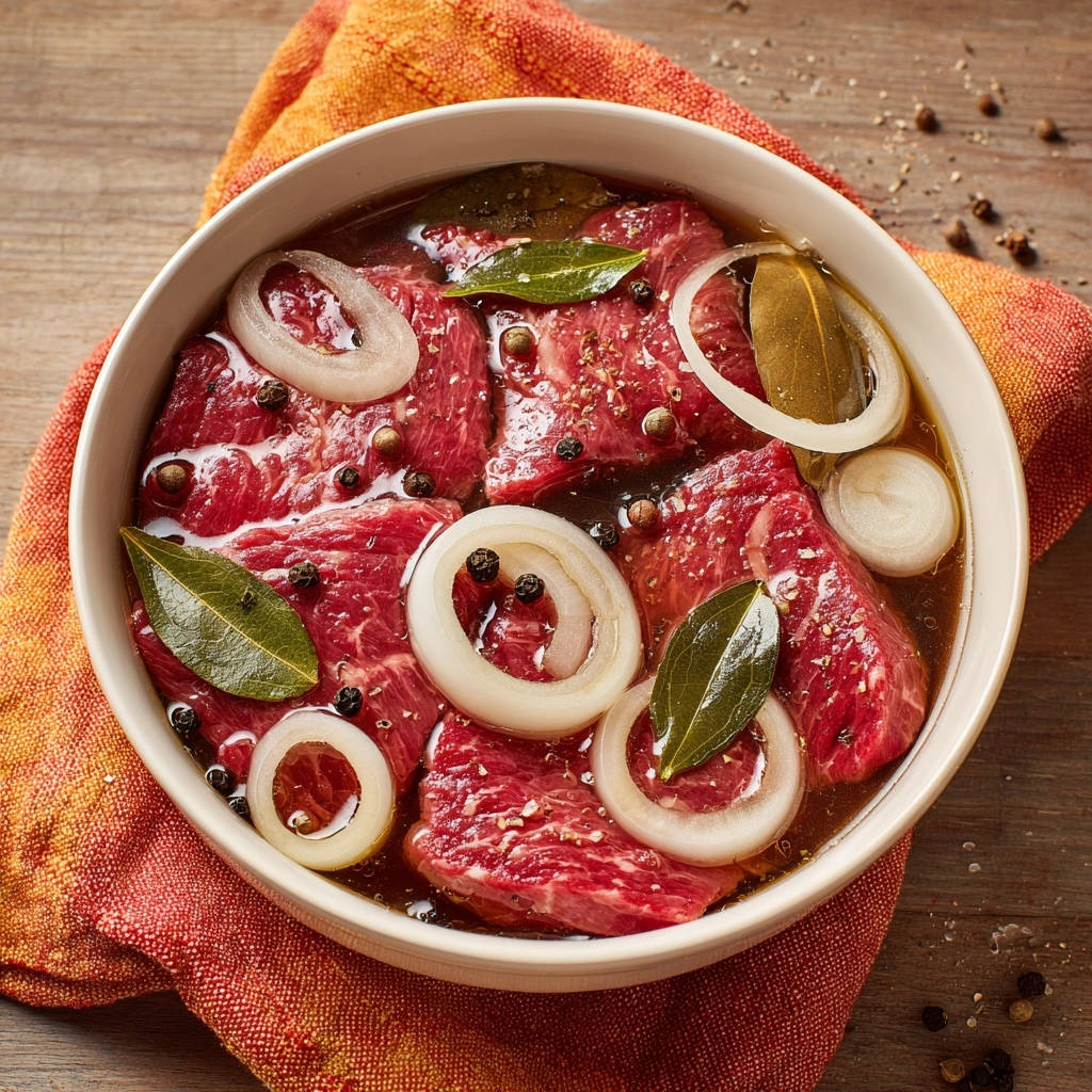 Zarter Rinderschmorbraten Marinade Mit Zwiebeln 1 Zarter Rinderschmorbraten in einer Marinade mit Zwiebelringen, Lorbeerblättern und Pfefferkörnern vor der Zubereitung. Diese köstliche Fleischspezialität wird zart und aromatisch.