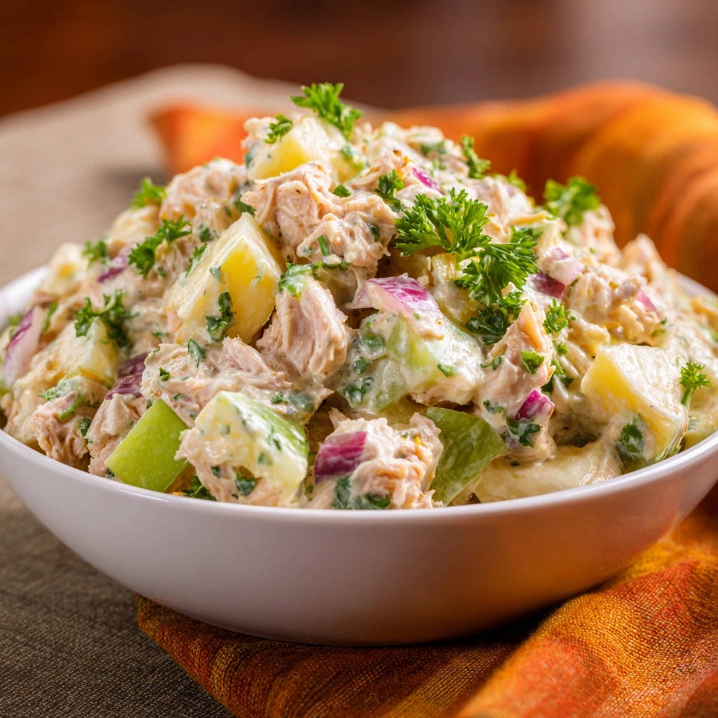 Aromatischer Huhnchensalat Mit Apfel Nahaufnahme 1 Aromatischer Hähnchensalat mit Apfel und Rotzwiebel in Nahaufnahme, garniert mit frischer Petersilie, präsentiert in einer weißen Schüssel.