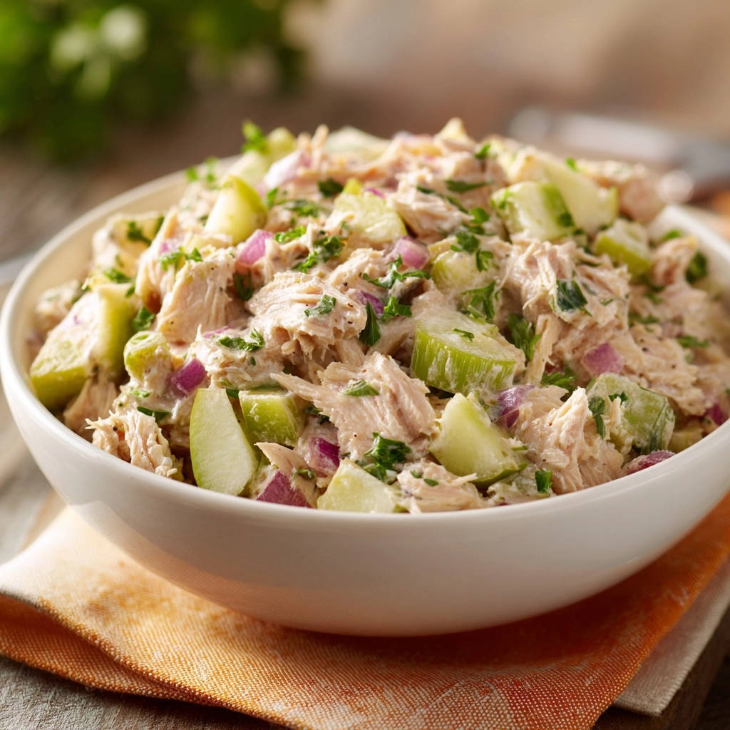 Aromatischer Hähnchensalat mit Apfel und Rotzwiebel in Nahaufnahme, angerichtet in einer weißen Schüssel auf einem rustikalen Untergrund.