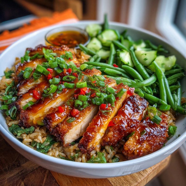 Asiatisches Hähnchen Bowl mit saftigem Hähnchen, knuspriger Haut und Schnittlauch, serviert in einer Schüssel mit Reis und Gemüse.