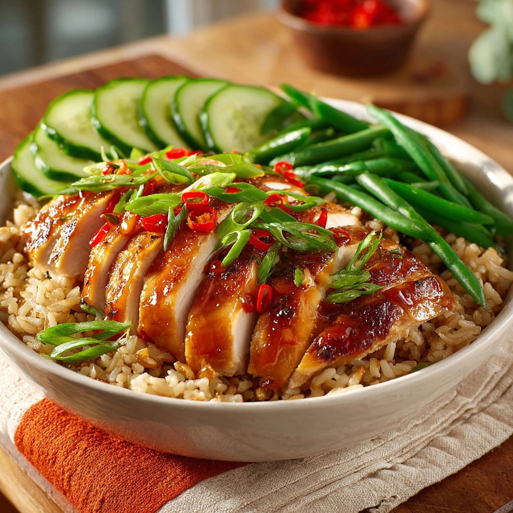 Asiatisches Huhn Bowl Serviert 1 Asiatisches Hähnchen Bowl, serviert in einer Schüssel, mit knuspriger Haut, Reis, Gurke und grünen Bohnen garniert.